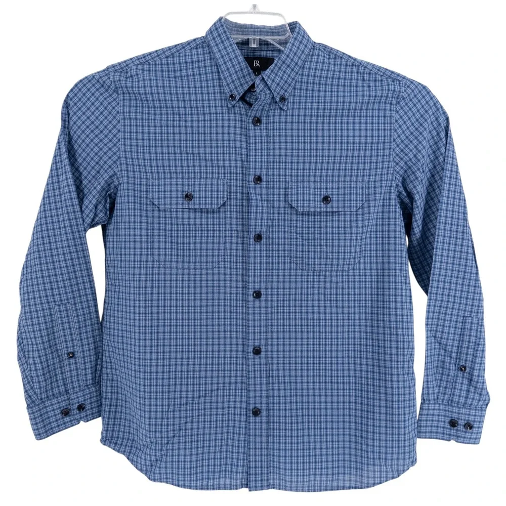 Banana Republic Men's Large Textured Utility Cotton Blue‎ Plaid Button Up Shirt